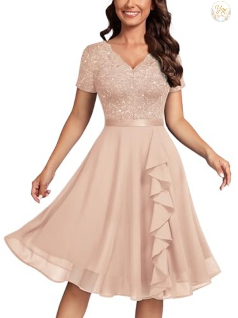 Sequin Lace Fit & Flare Cocktail Party Dress Women's V-Neck